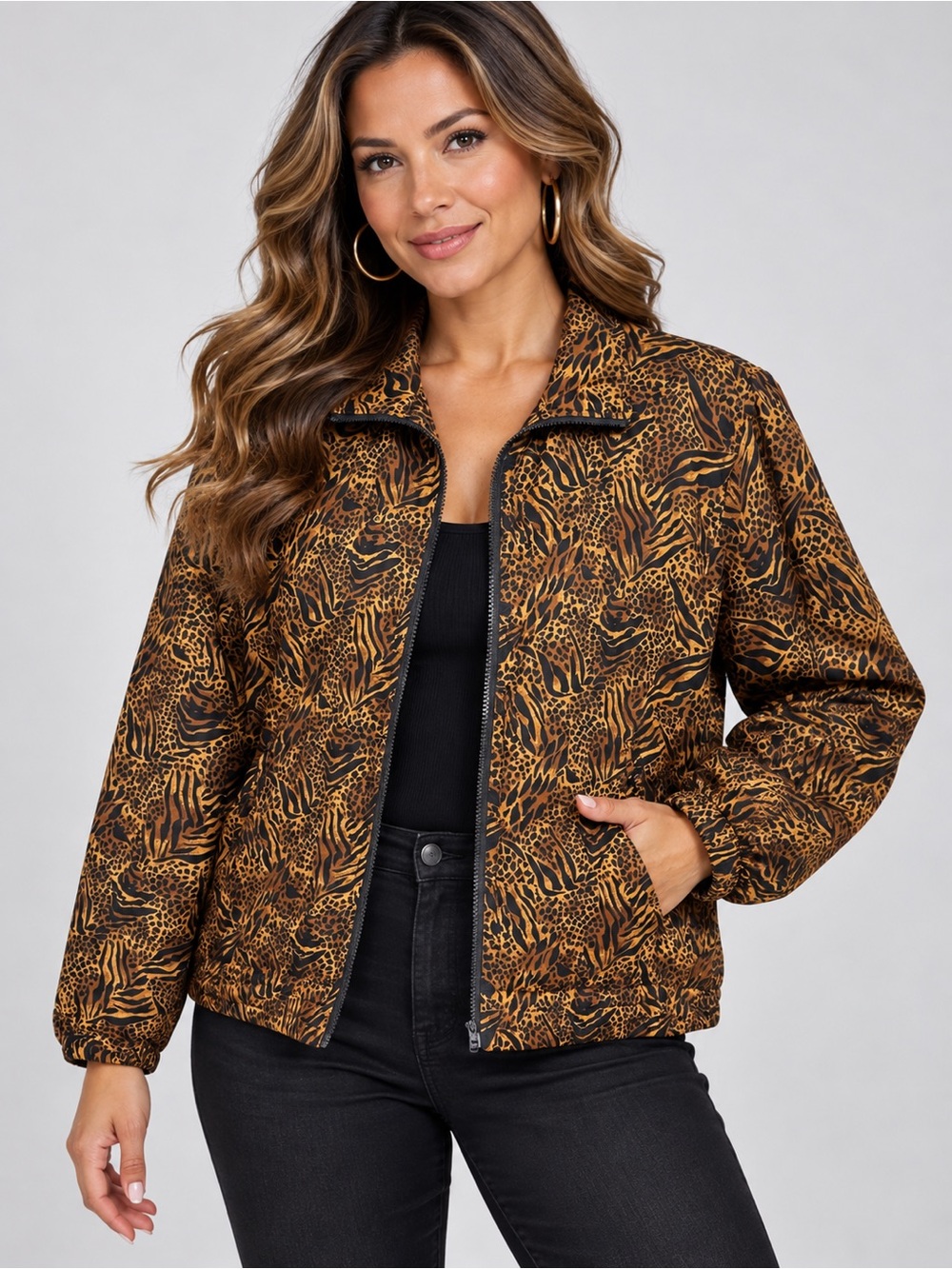 Vintage Silk Exposure 100% Silk Jacket PM Leopard Tiger Animal Print Bomber